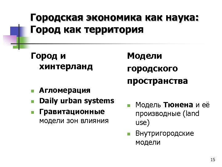 Городская экономика как наука: Город как территория Город и хинтерланд n n n Агломерация