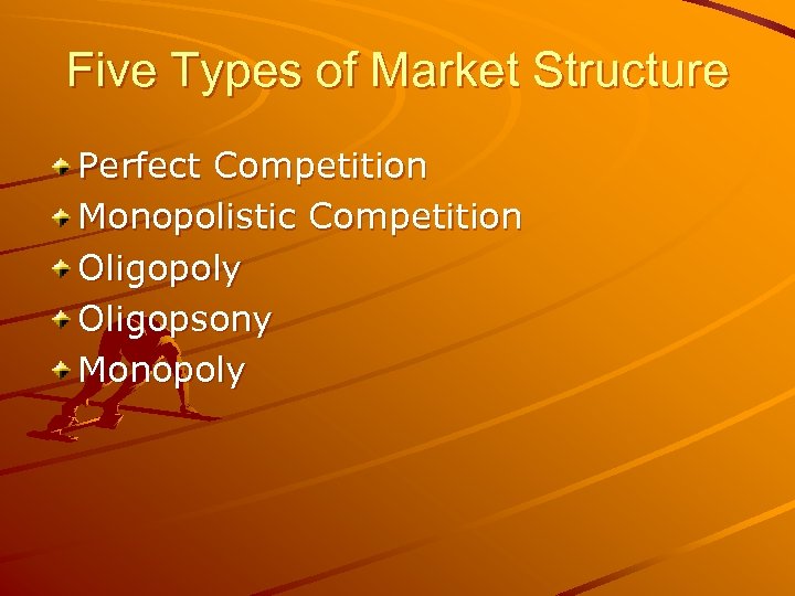 Five Types of Market Structure Perfect Competition Monopolistic Competition Oligopoly Oligopsony Monopoly 