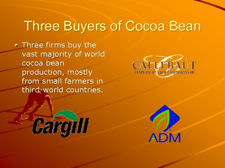 Three Buyers of Cocoa Bean Three firms buy the vast majority of world cocoa