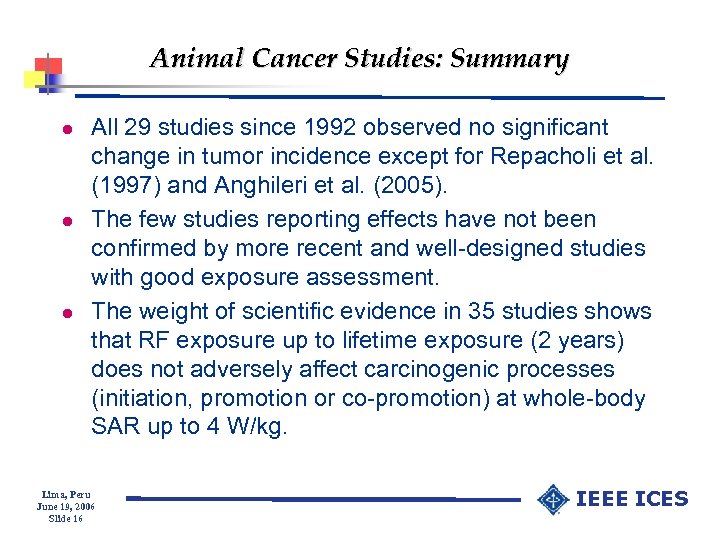 Animal Cancer Studies: Summary l l l All 29 studies since 1992 observed no