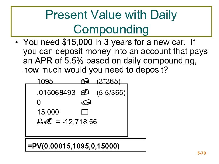 Present Value with Daily Compounding • You need $15, 000 in 3 years for