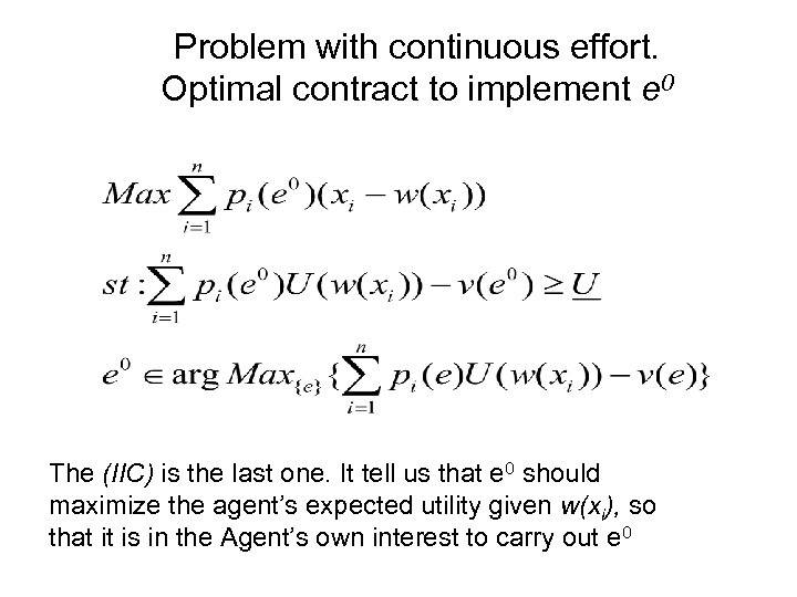 Problem with continuous effort. Optimal contract to implement e 0 The (IIC) is the