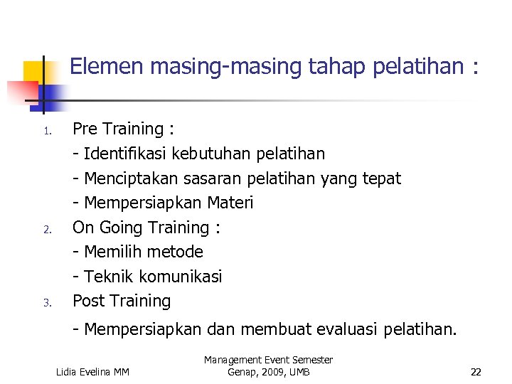 Elemen masing-masing tahap pelatihan : 1. 2. 3. Pre Training : - Identifikasi kebutuhan