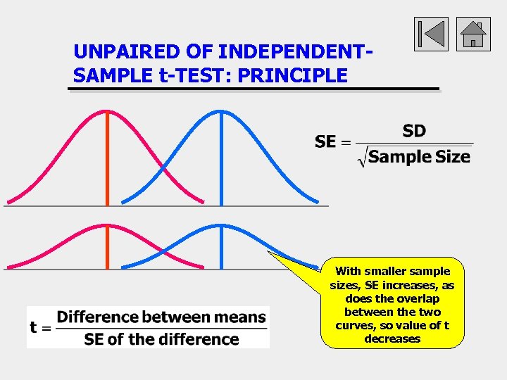 UNPAIRED OF INDEPENDENTSAMPLE t-TEST: PRINCIPLE With smaller sample sizes, SE increases, as does the