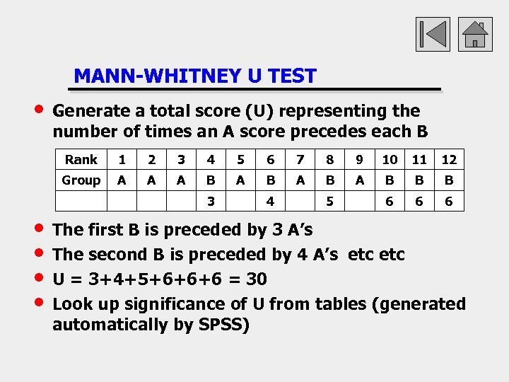 MANN-WHITNEY U TEST • Generate a total score (U) representing the number of times
