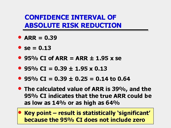 CONFIDENCE INTERVAL OF ABSOLUTE RISK REDUCTION • • • ARR = 0. 39 •