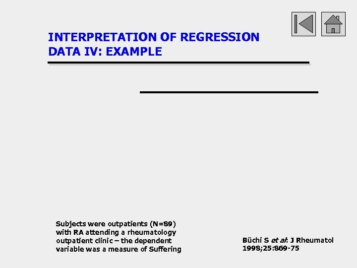 INTERPRETATION OF REGRESSION DATA IV: EXAMPLE Subjects were outpatients (N=89) with RA attending a
