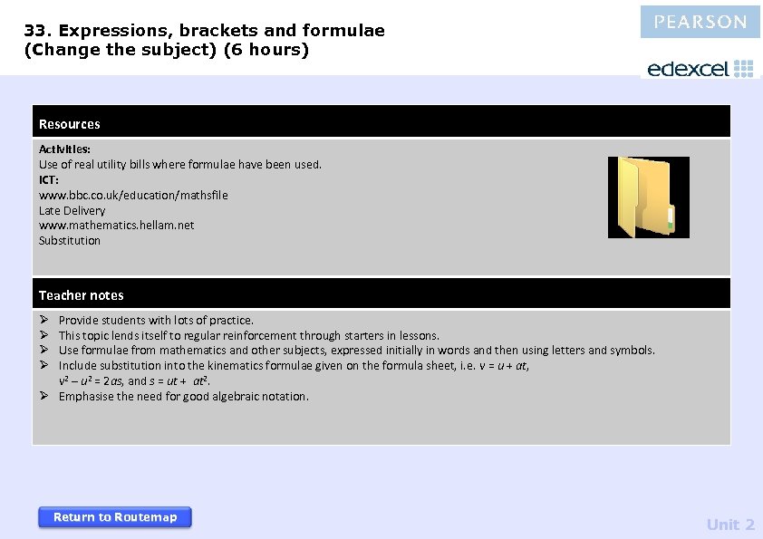 33. Expressions, brackets and formulae (Change the subject) (6 hours) Resources Activities: Use of