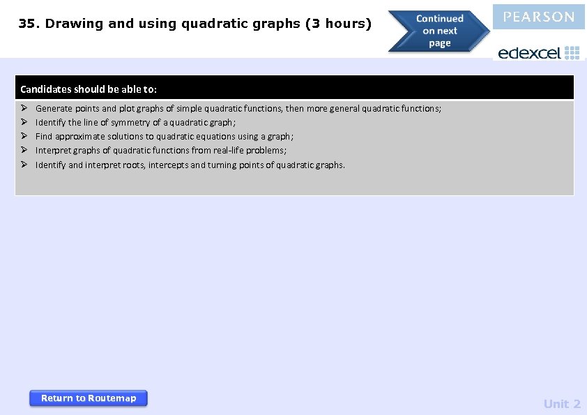 35. Drawing and using quadratic graphs (3 hours) Candidates should be able to: Ø