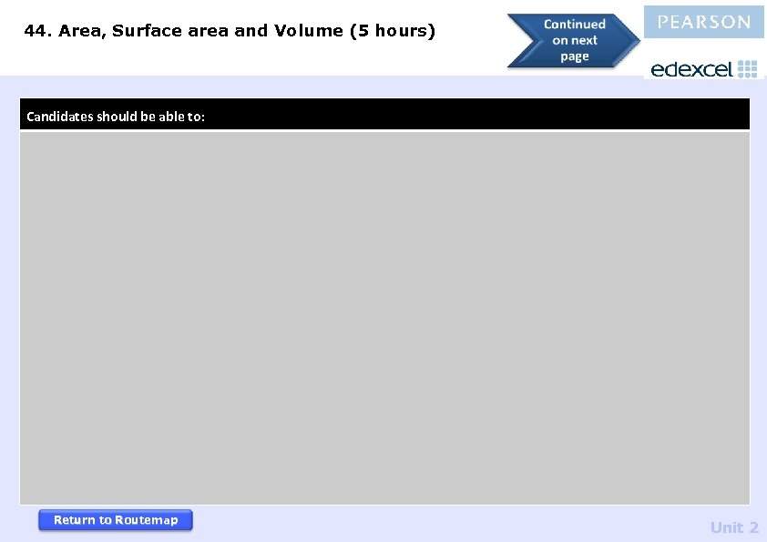 44. Area, Surface area and Volume (5 hours) Candidates should be able to: Return