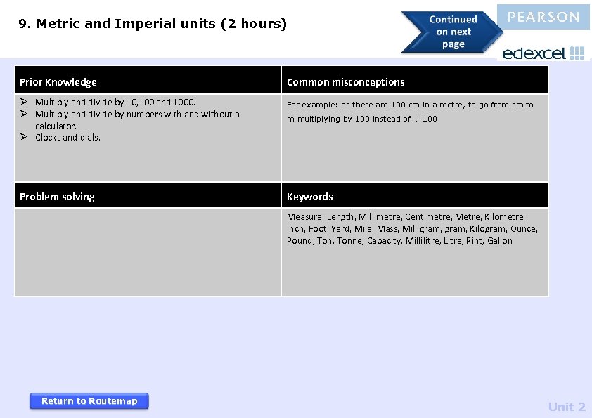 9. Metric and Imperial units (2 hours) Prior Knowledge Ø Multiply and divide by