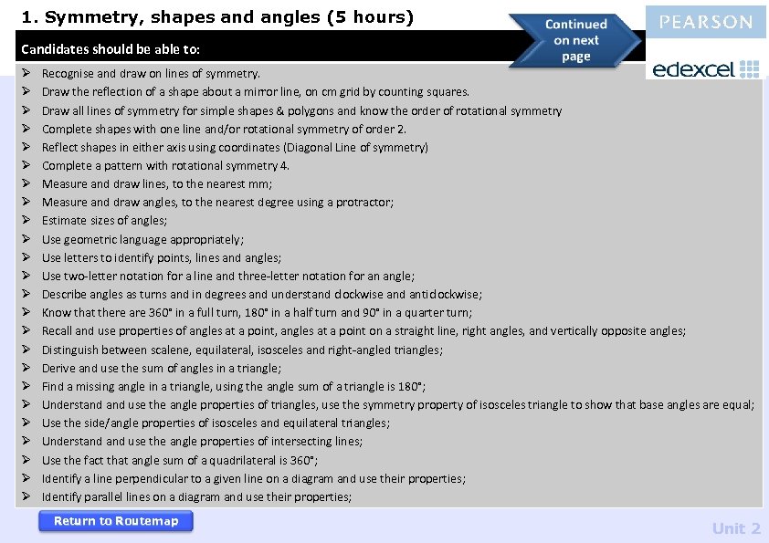 1. Symmetry, shapes and angles (5 hours) Candidates should be able to: Ø Ø