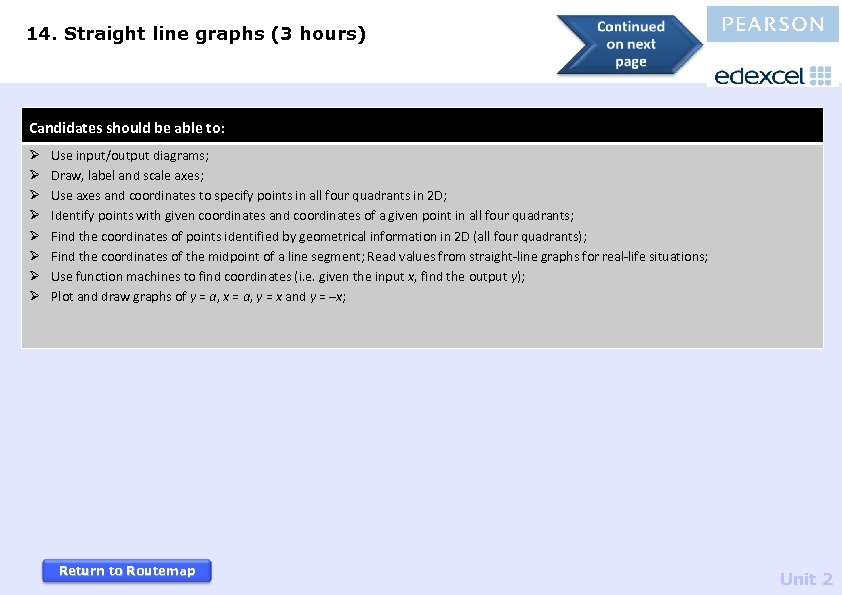 14. Straight line graphs (3 hours) Candidates should be able to: Ø Ø Ø