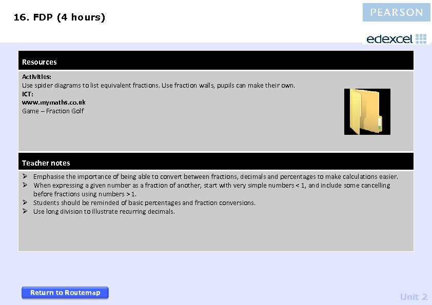 16. FDP (4 hours) Resources Activities: Use spider diagrams to list equivalent fractions. Use