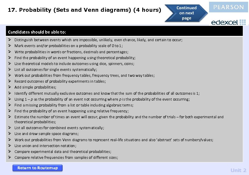 17. Probability (Sets and Venn diagrams) (4 hours) Candidates should be able to: Ø