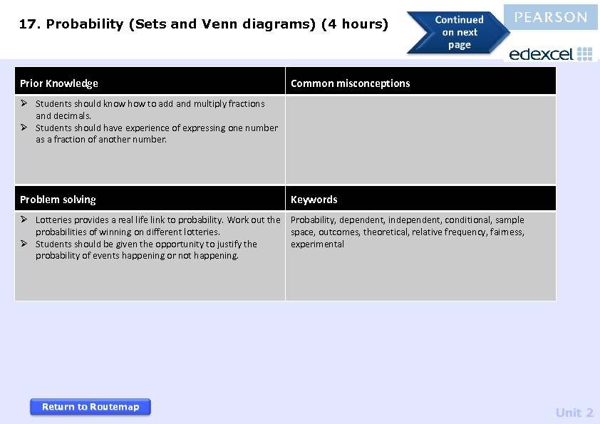 17. Probability (Sets and Venn diagrams) (4 hours) Prior Knowledge Common misconceptions Ø Students