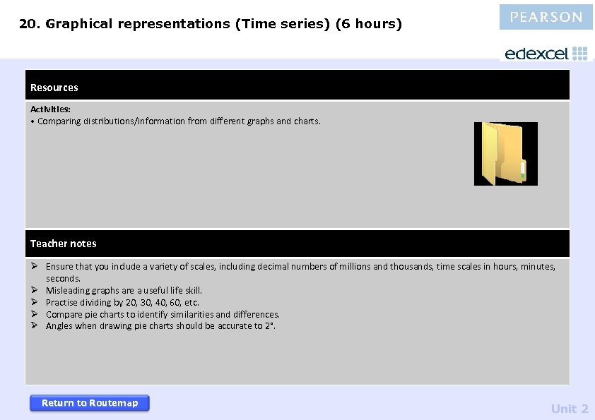 20. Graphical representations (Time series) (6 hours) Resources Activities: • Comparing distributions/information from different