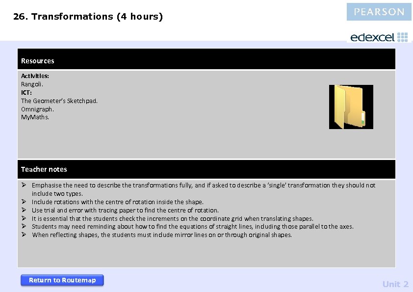 26. Transformations (4 hours) Resources Activities: Rangoli. ICT: The Geometer’s Sketchpad. Omnigraph. My. Maths.
