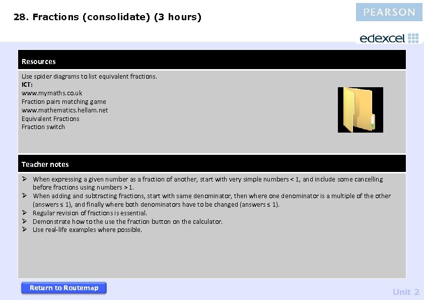 28. Fractions (consolidate) (3 hours) Resources Use spider diagrams to list equivalent fractions. ICT: