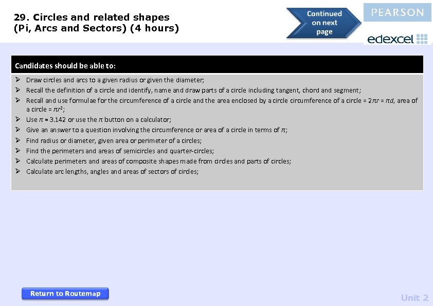 29. Circles and related shapes (Pi, Arcs and Sectors) (4 hours) Candidates should be