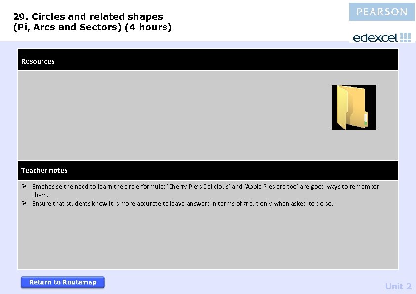 29. Circles and related shapes (Pi, Arcs and Sectors) (4 hours) Resources Teacher notes