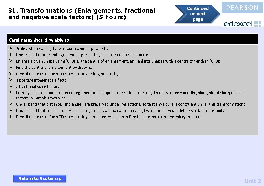 31. Transformations (Enlargements, fractional and negative scale factors) (5 hours) Candidates should be able