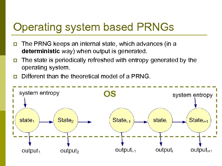 Operating system based PRNGs p p p The PRNG keeps an internal state, which