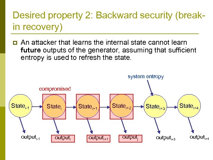 Desired property 2: Backward security (breakin recovery) p An attacker that learns the internal