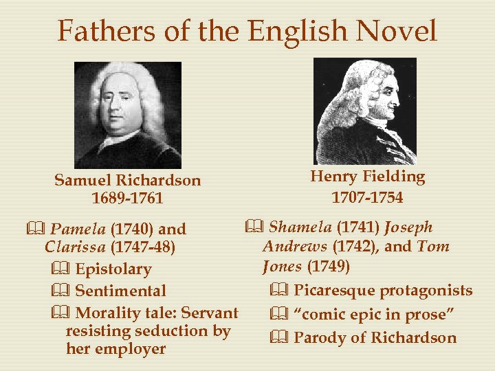 Fathers of the English Novel Samuel Richardson 1689 -1761 Henry Fielding 1707 -1754 &