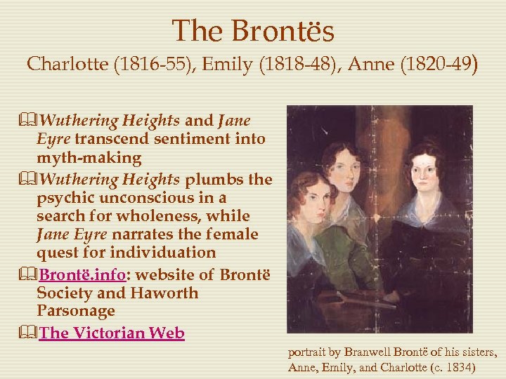 The Brontës Charlotte (1816 -55), Emily (1818 -48), Anne (1820 -49) &Wuthering Heights and