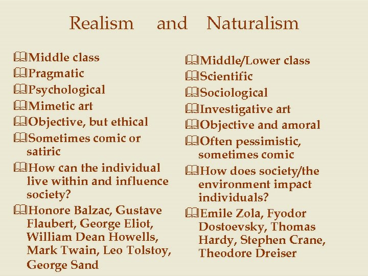 Realism and &Middle class &Pragmatic &Psychological &Mimetic art &Objective, but ethical &Sometimes comic or