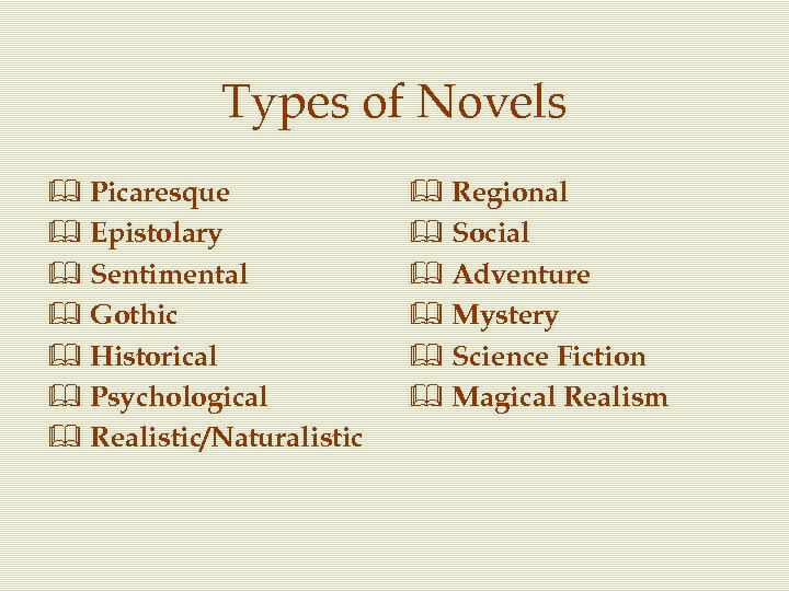 Types of Novels & Picaresque & Epistolary & Sentimental & Gothic & Historical &