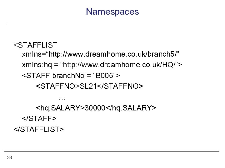 Namespaces <STAFFLIST xmlns=“http: //www. dreamhome. co. uk/branch 5/” xmlns: hq = “http: //www. dreamhome.