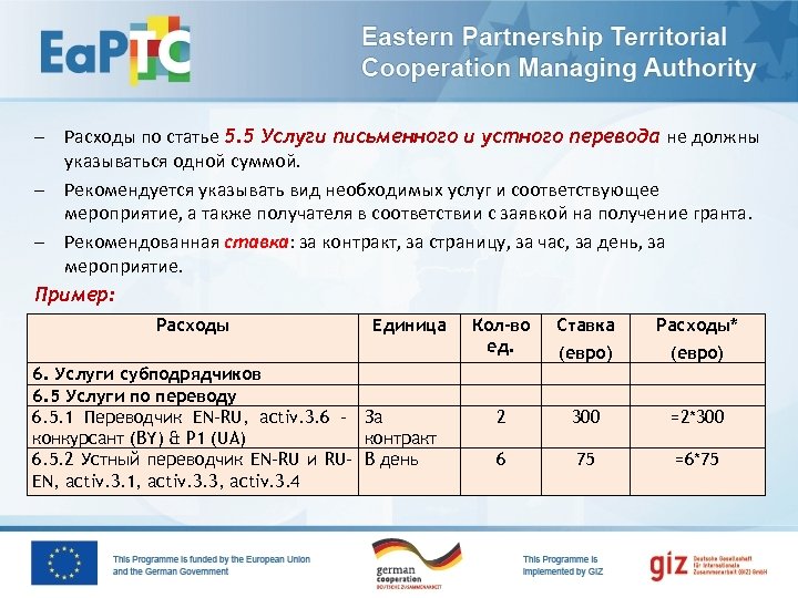 – Расходы по статье 5. 5 Услуги письменного и устного перевода не должны указываться