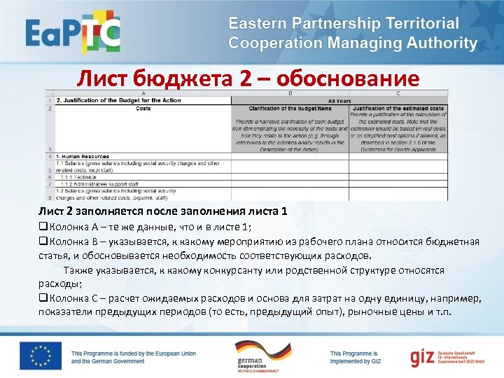 Лист бюджета 2 – обоснование Лист 2 заполняется после заполнения листа 1 q. Колонка