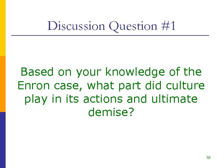 Discussion Question #1 Based on your knowledge of the Enron case, what part did