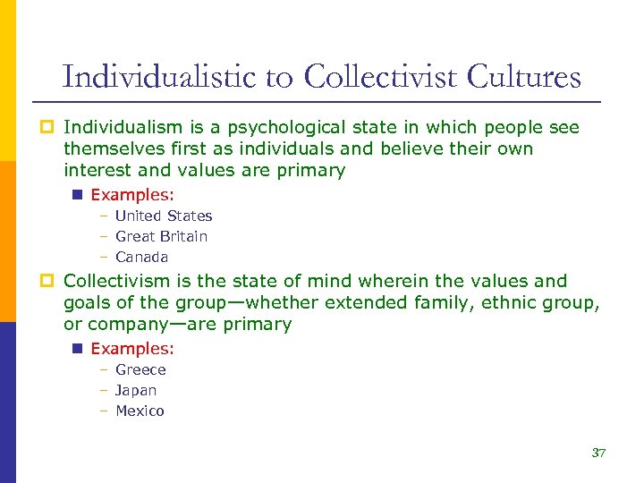 Individualistic to Collectivist Cultures p Individualism is a psychological state in which people see