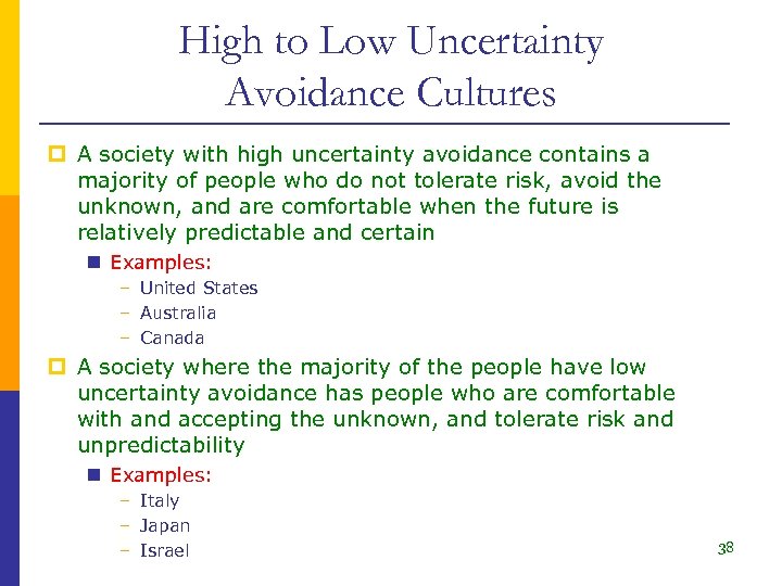 High to Low Uncertainty Avoidance Cultures p A society with high uncertainty avoidance contains