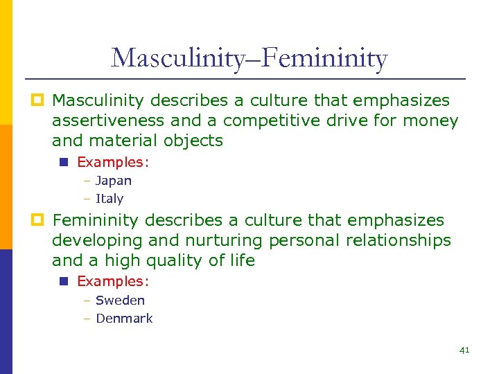 Masculinity–Femininity p Masculinity describes a culture that emphasizes assertiveness and a competitive drive for