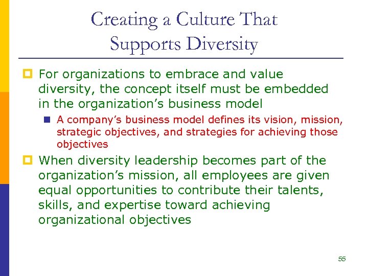 Creating a Culture That Supports Diversity p For organizations to embrace and value diversity,