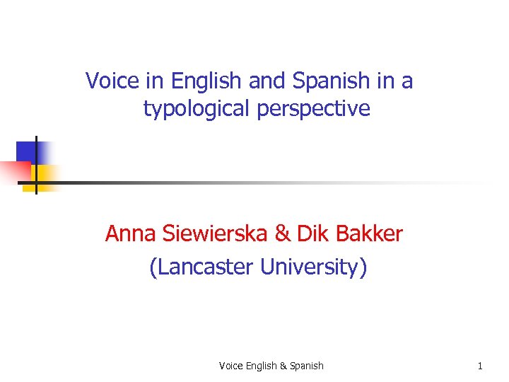 Voice in English and Spanish in a typological perspective Anna Siewierska & Dik Bakker