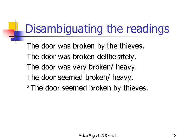 Disambiguating the readings The door was broken by the thieves. The door was broken