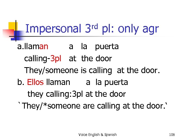 Impersonal 3 rd pl: only agr a. llaman a la puerta calling-3 pl at