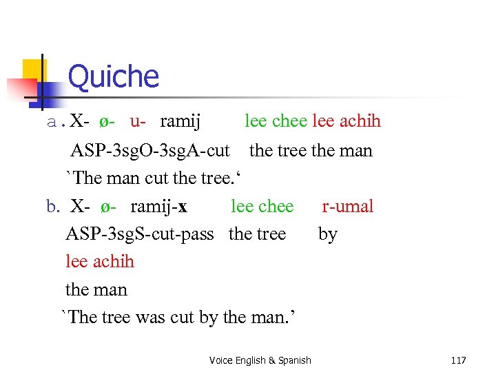 Quiche a. X- ø- u- ramij lee chee lee achih ASP-3 sg. O-3 sg.
