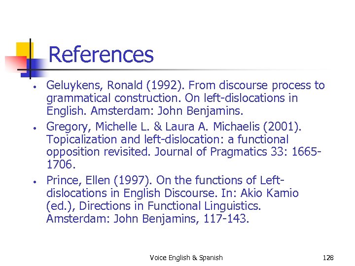 References • • • Geluykens, Ronald (1992). From discourse process to grammatical construction. On