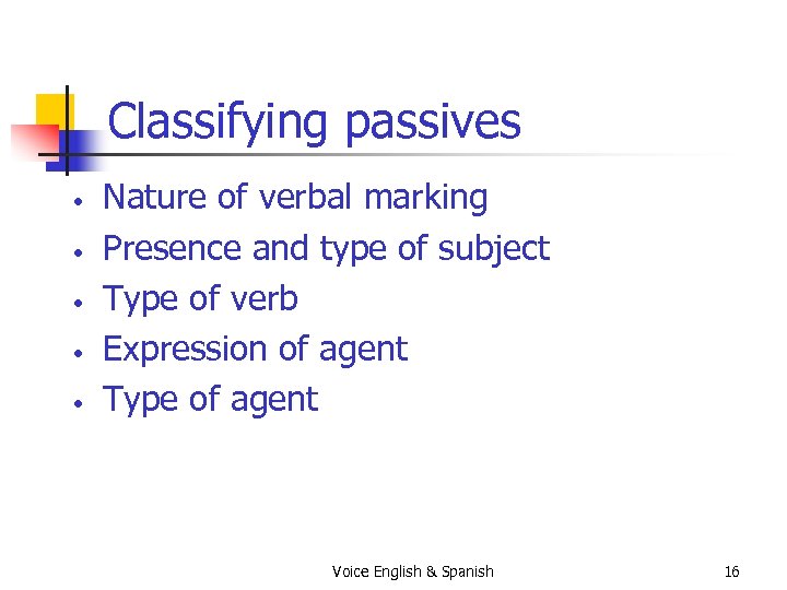 Classifying passives • • • Nature of verbal marking Presence and type of subject