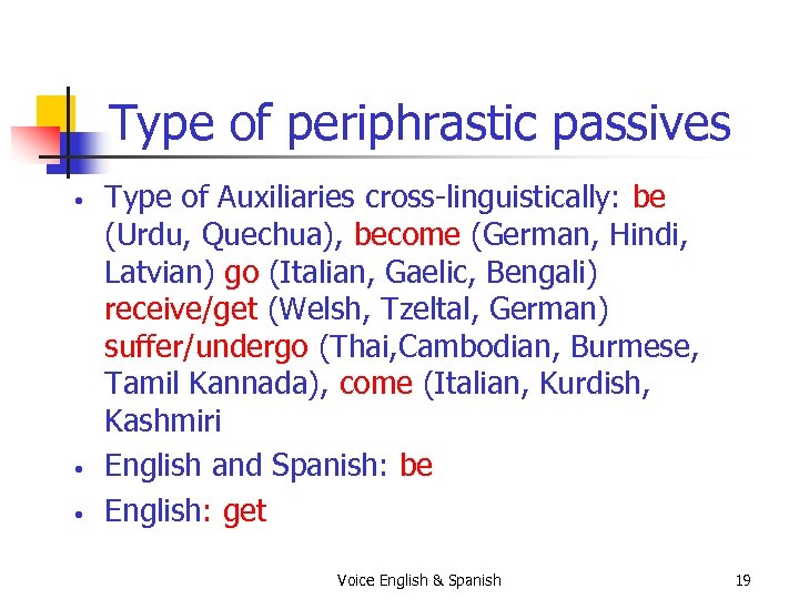 Type of periphrastic passives • • • Type of Auxiliaries cross-linguistically: be (Urdu, Quechua),