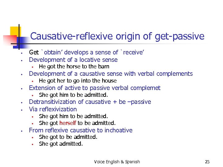 Causative-reflexive origin of get-passive • • Get `obtain’ develops a sense of `receive’ Development