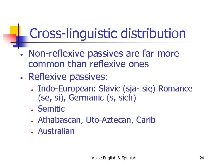 Cross-linguistic distribution • • Non-reflexive passives are far more common than reflexive ones Reflexive
