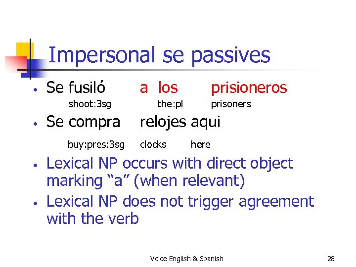 Impersonal se passives • Se fusiló shoot: 3 sg • Se compra buy: pres: